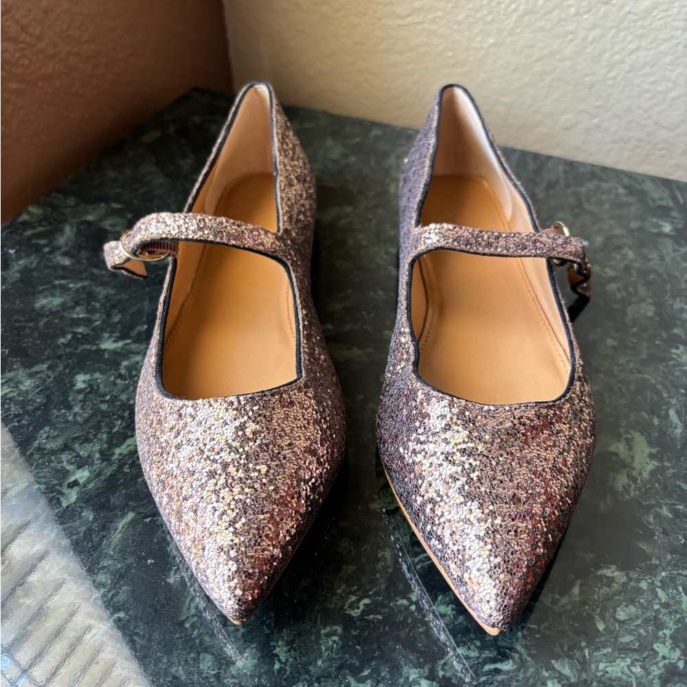 J Crew Glitter Sparkle Pointed Mary Jane Strap Flats in Rose Gold Size 7